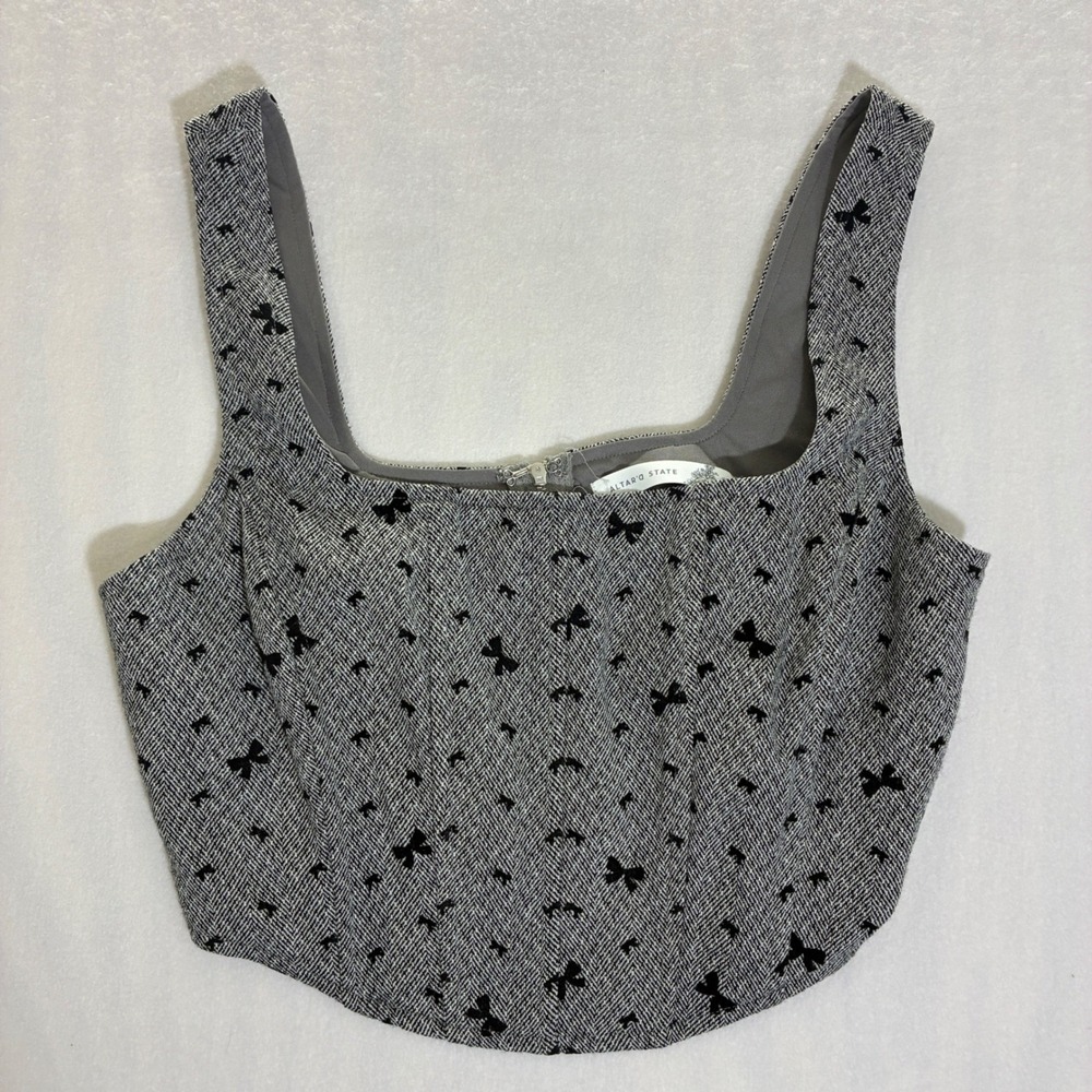 Altar'd State Corset Top Medium Gray Herringbone Bow Print Polyester Structured